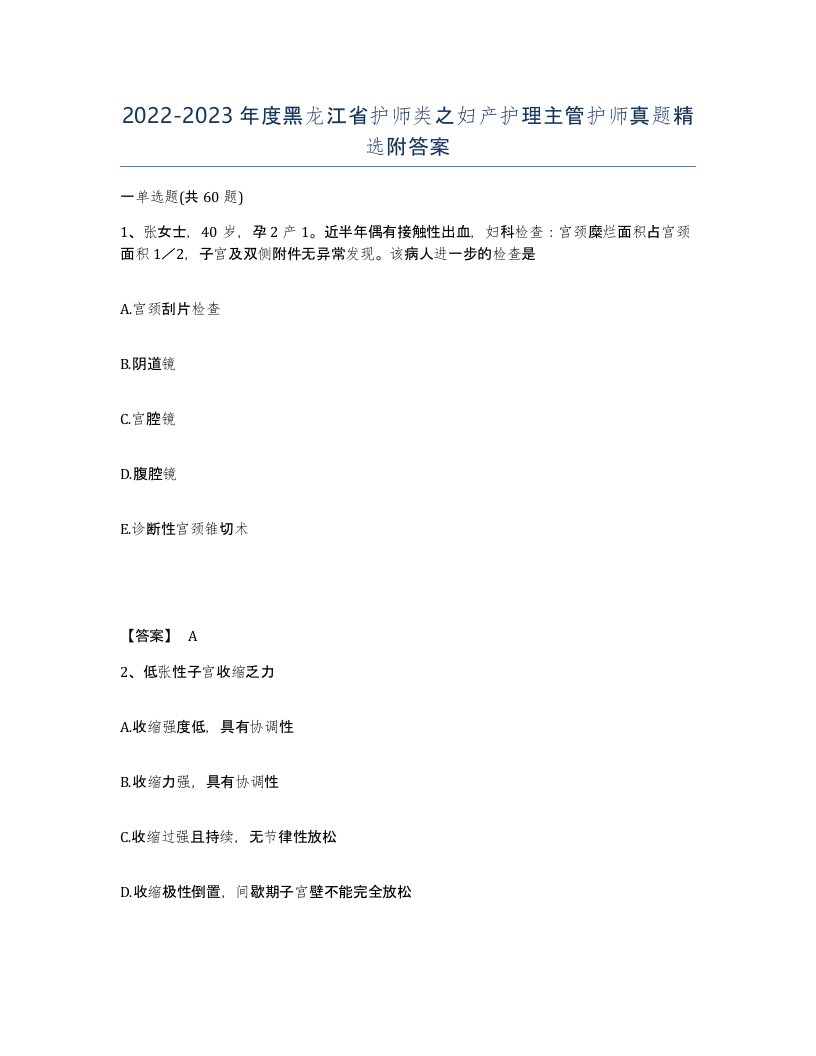 2022-2023年度黑龙江省护师类之妇产护理主管护师真题附答案