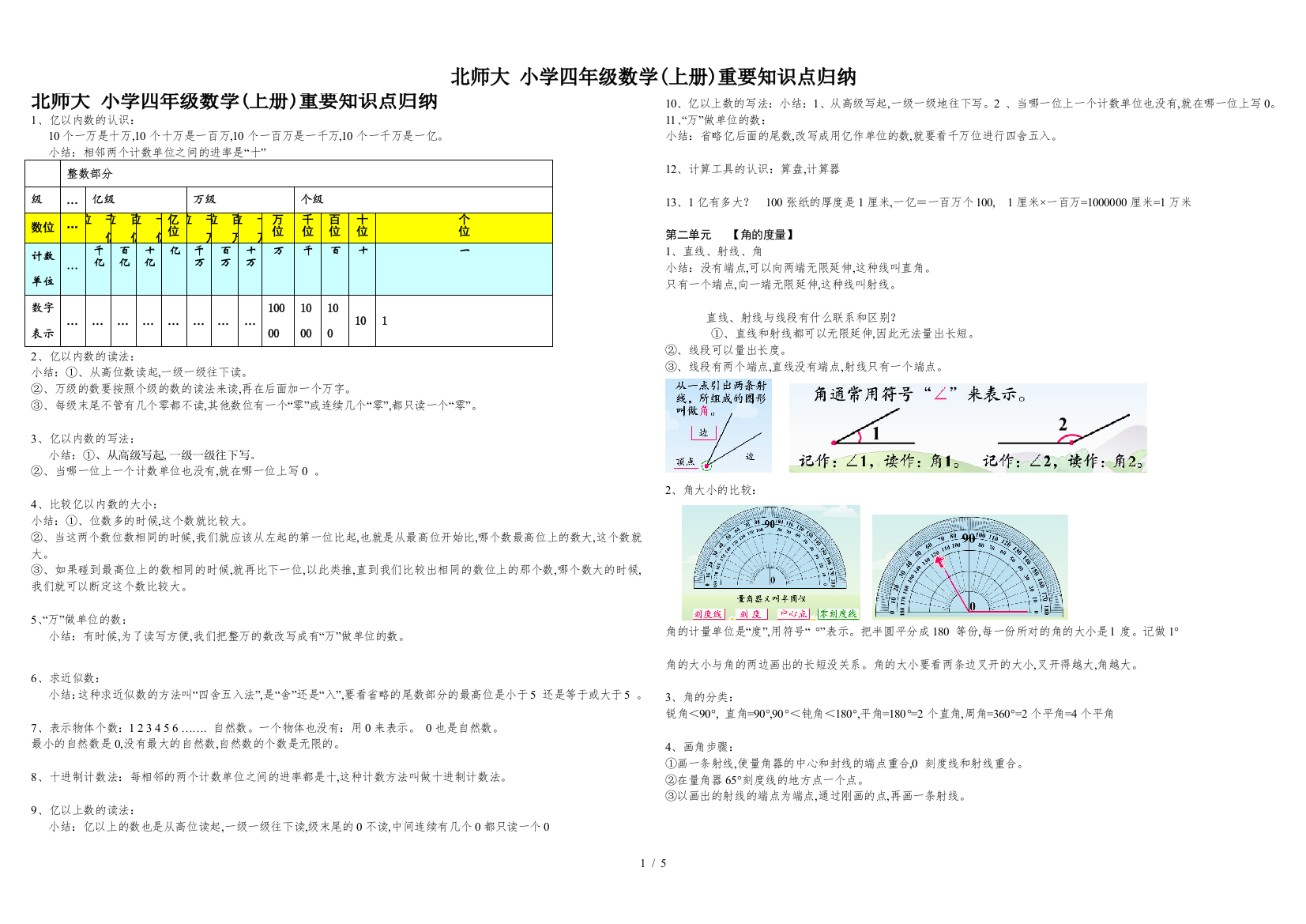 北师大-小学四年级数学(上册)重要知识点归纳