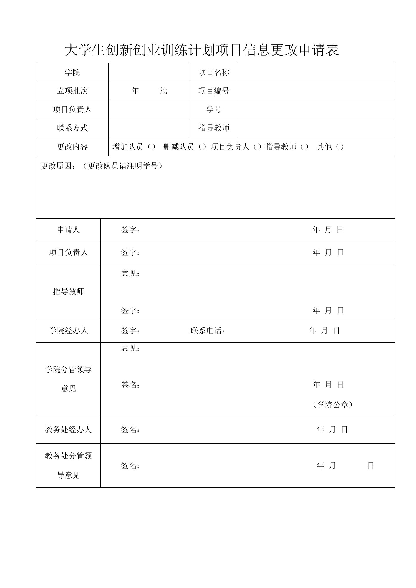 大学生创新创业训练计划项目信息更改申请表