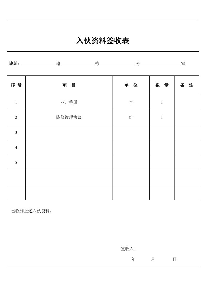 【管理精品】入伙资料签收表