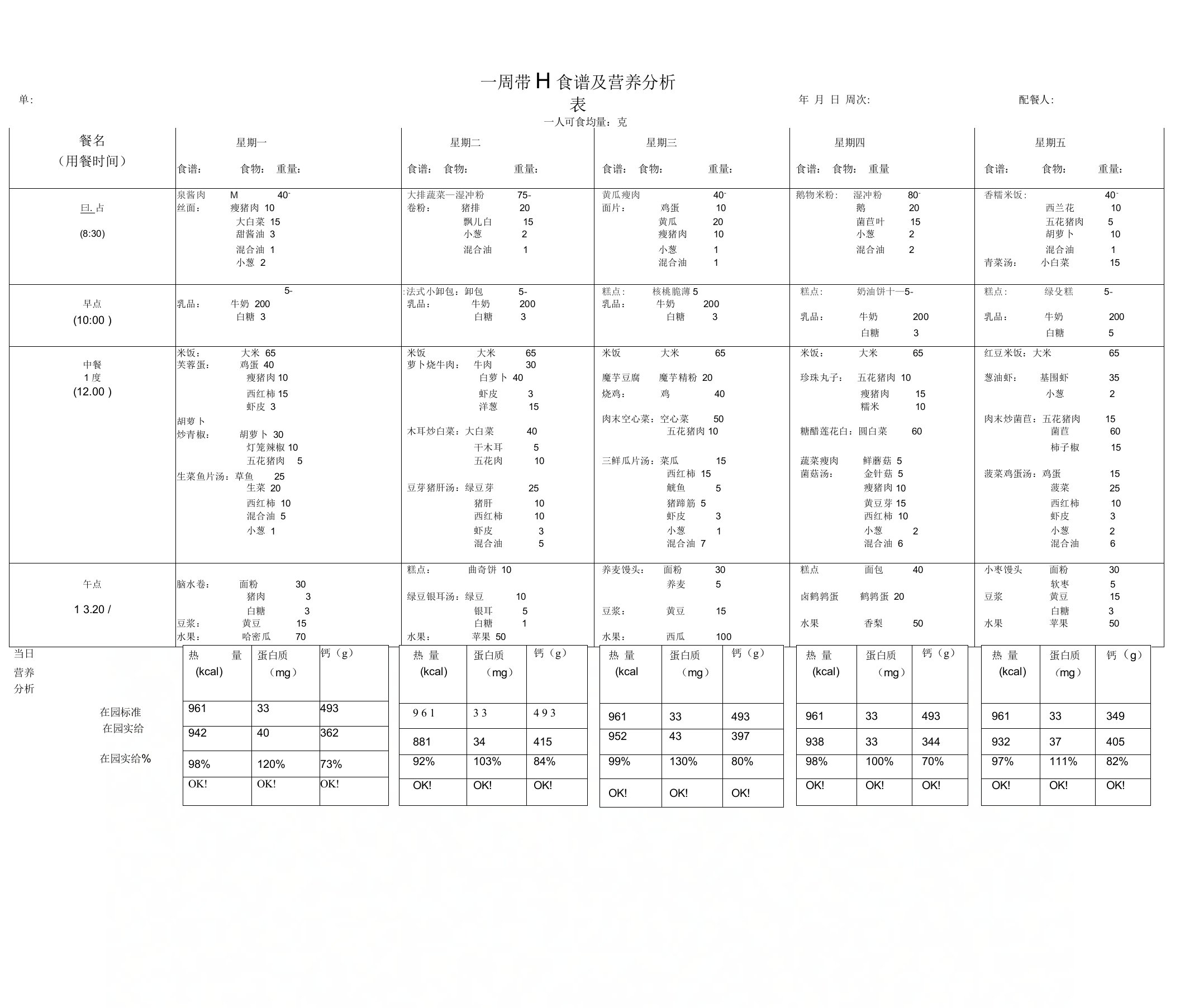 一周带量食谱及营养分析表