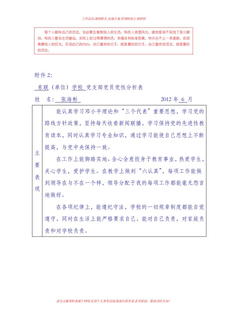 [个人党性分析材料]党性分析表