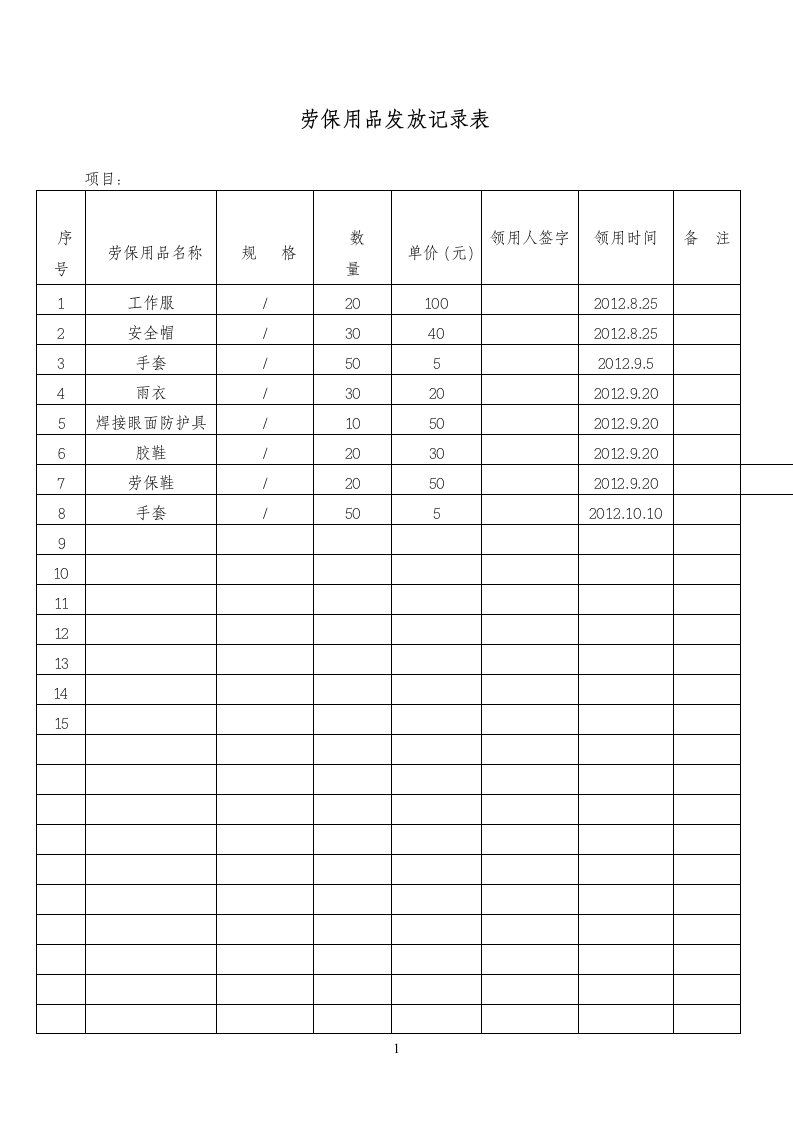 建筑工程劳保用品发放台账