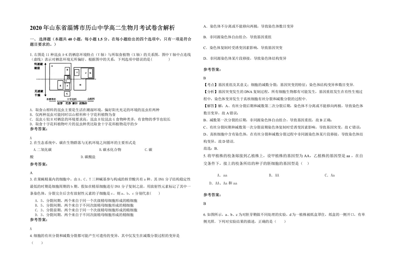 2020年山东省淄博市历山中学高二生物月考试卷含解析