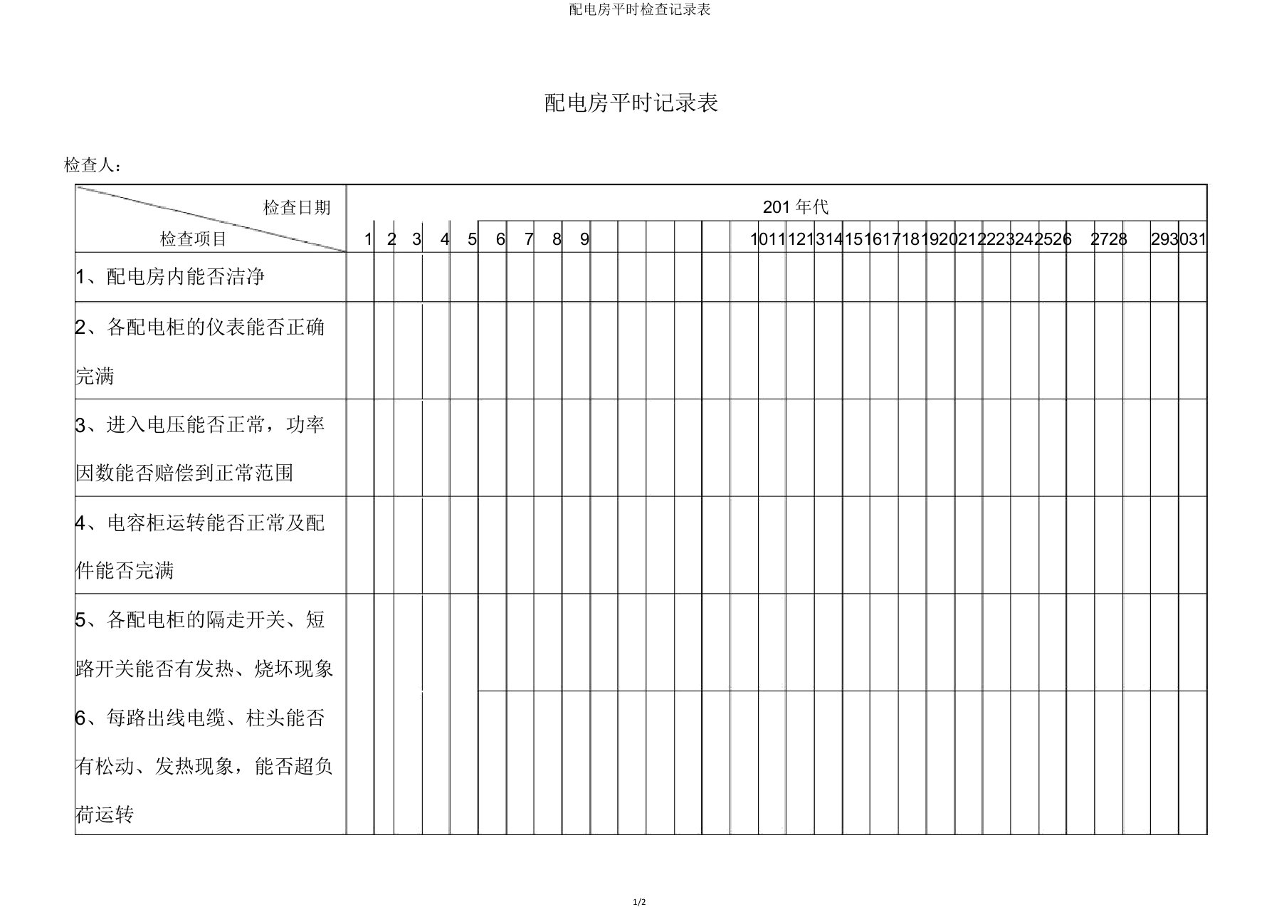 配电房日常检查记录表