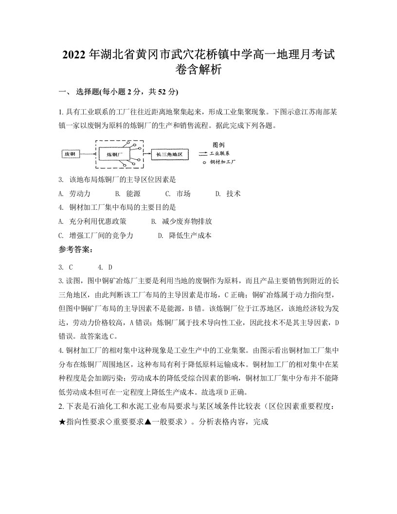 2022年湖北省黄冈市武穴花桥镇中学高一地理月考试卷含解析