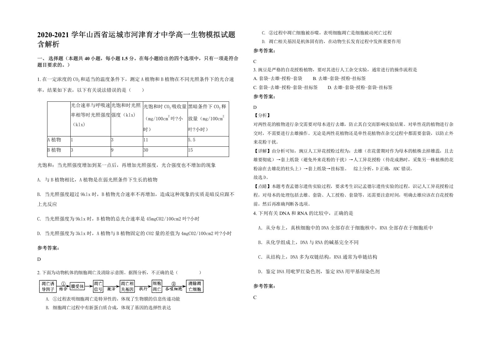 2020-2021学年山西省运城市河津育才中学高一生物模拟试题含解析