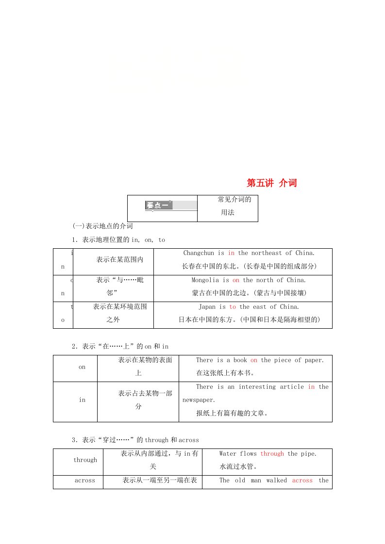 高考英语一轮复习精细化学通语法第五讲介词讲义