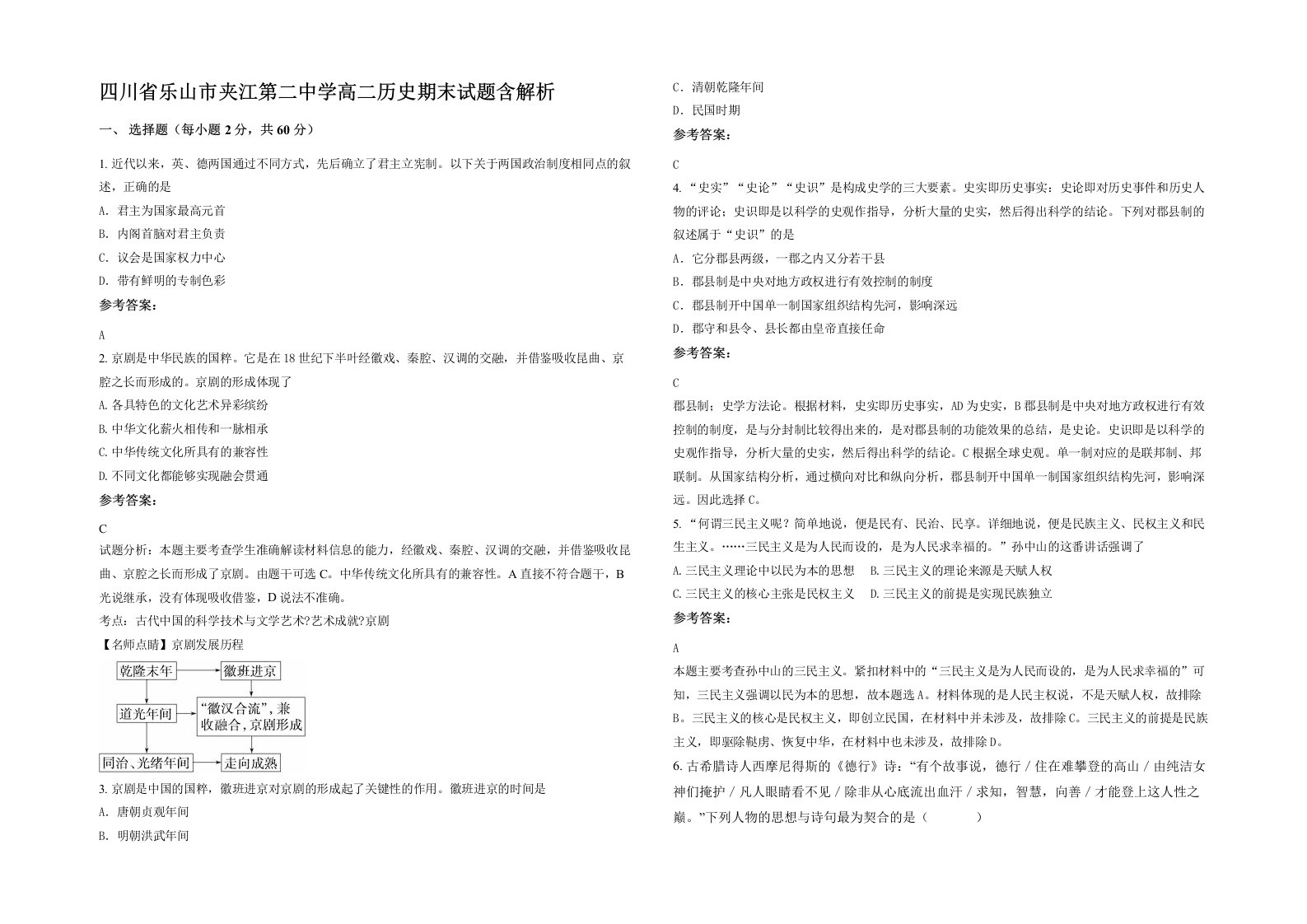 四川省乐山市夹江第二中学高二历史期末试题含解析