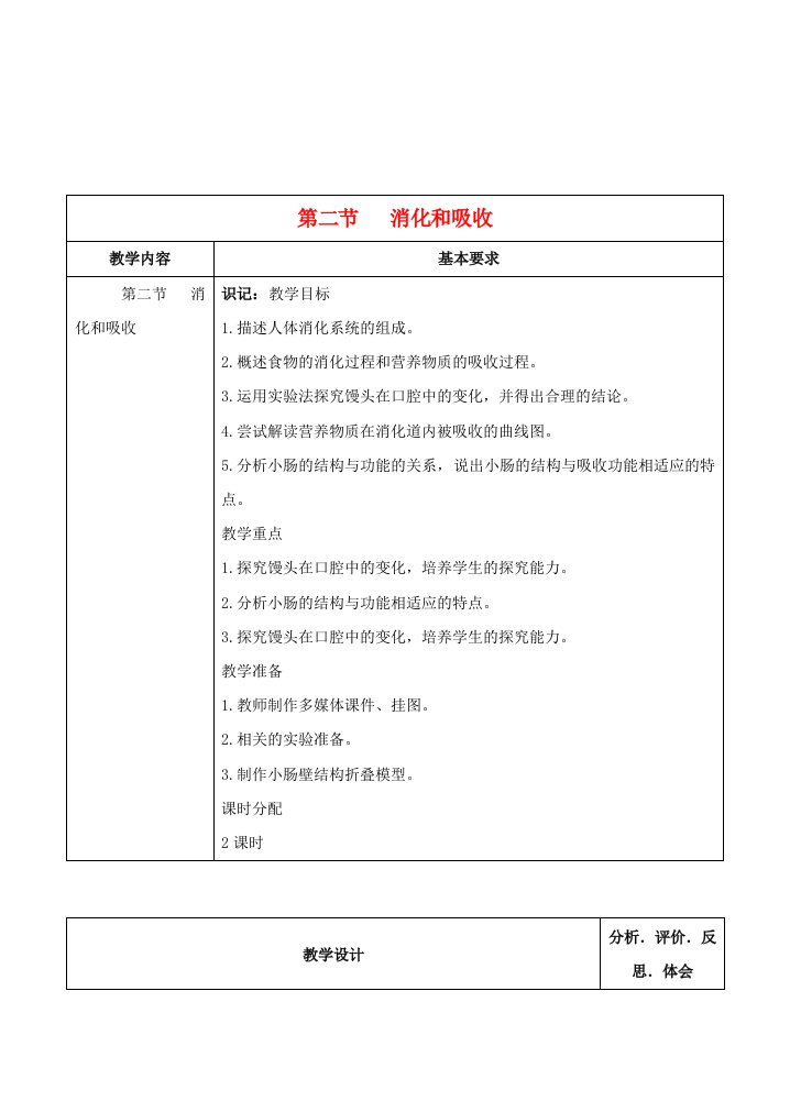 七年级生物下册2.2消化和吸收教学设计人教版