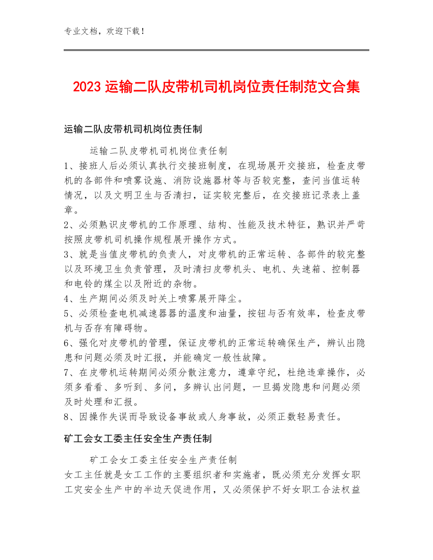 2023运输二队皮带机司机岗位责任制范文合集