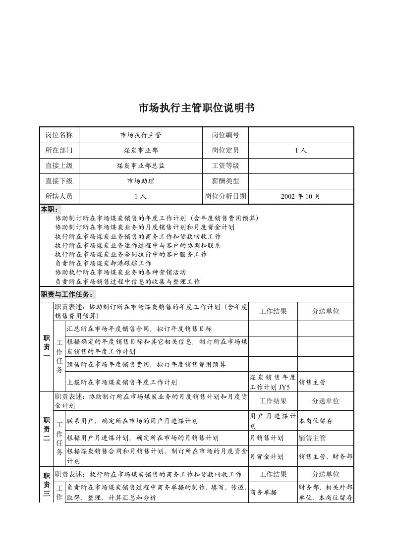 煤炭事业部市场执行主管岗位职责