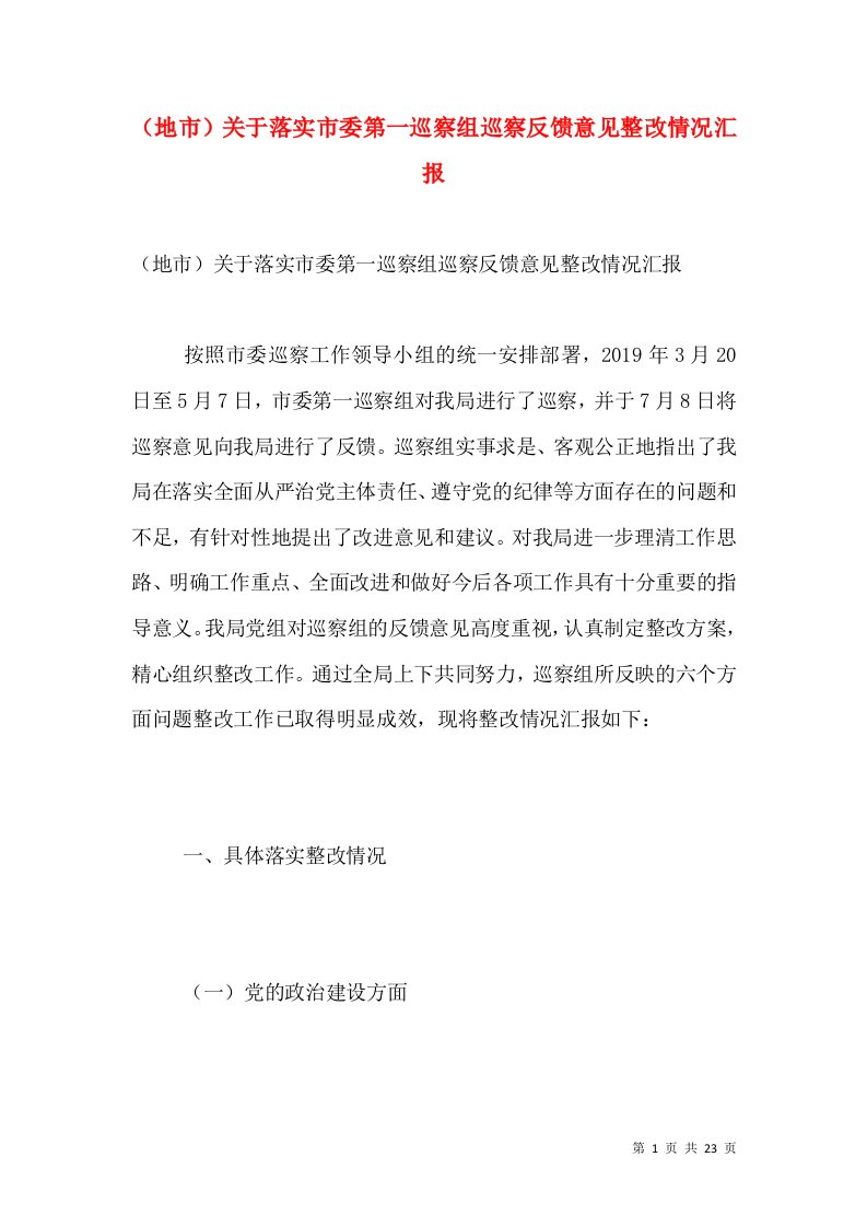 （地市）关于落实市委第一巡察组巡察反馈意见整改情况汇报