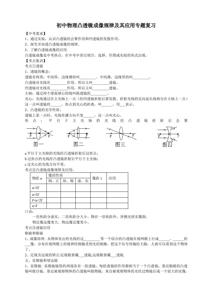 初中物理凸透镜成像规律及其应用专题复习