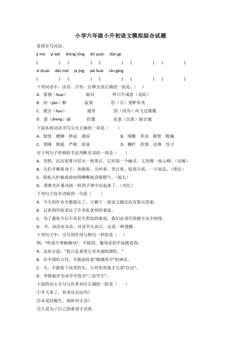 小学六年级小升初语文模拟综合试题[001]