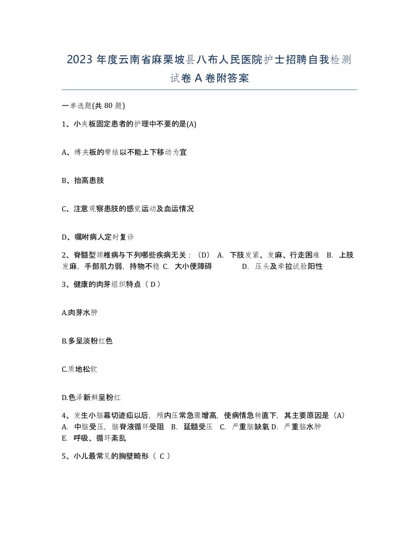 2023年度云南省麻栗坡县八布人民医院护士招聘自我检测试卷A卷附答案