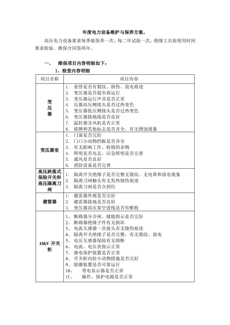 年度电力设备维护与保养方案TBA高压维保方案