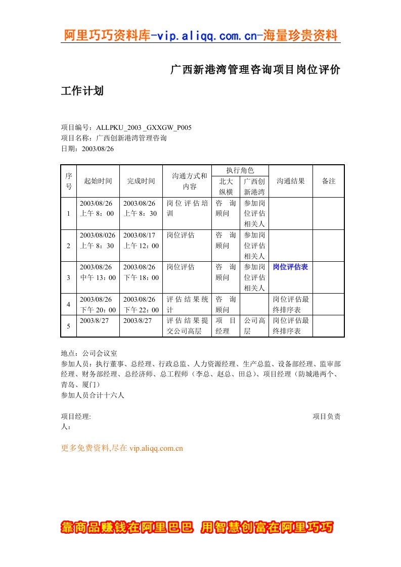 精选广西新港湾管理咨询项目岗位评价工作计划