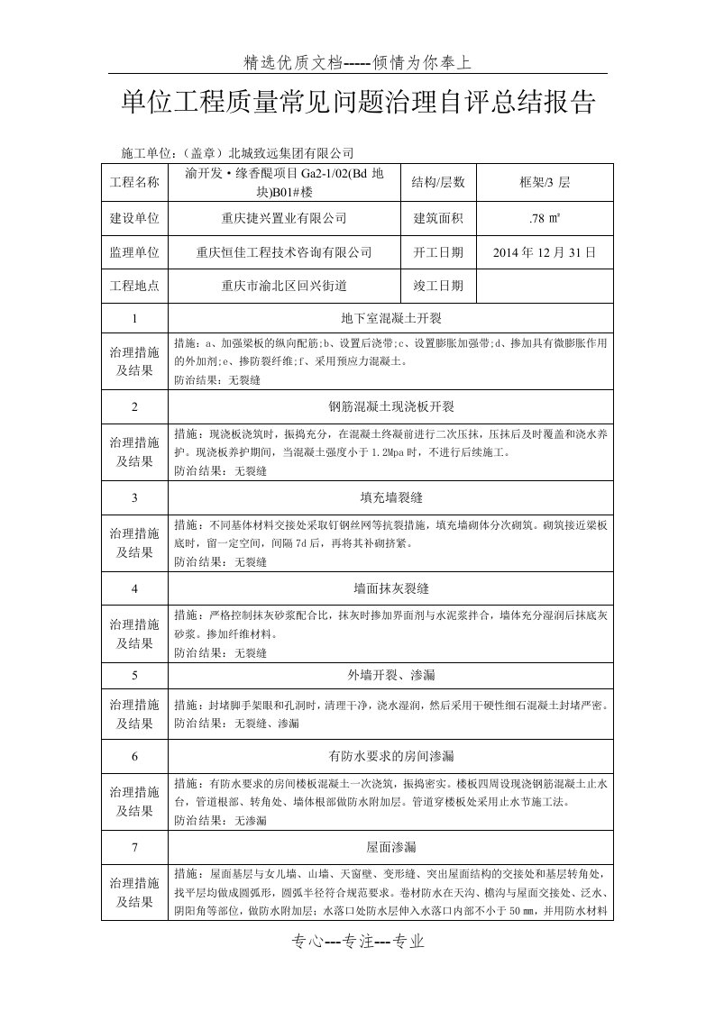 单位工程质量常见问题治理自评总结报告(共2页)