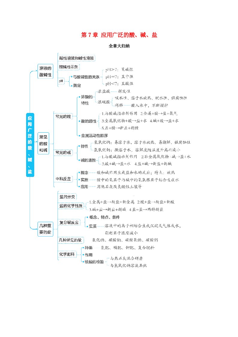 福建省2024九年级化学下册第7章应用广泛的酸碱盐全章大归纳沪教版