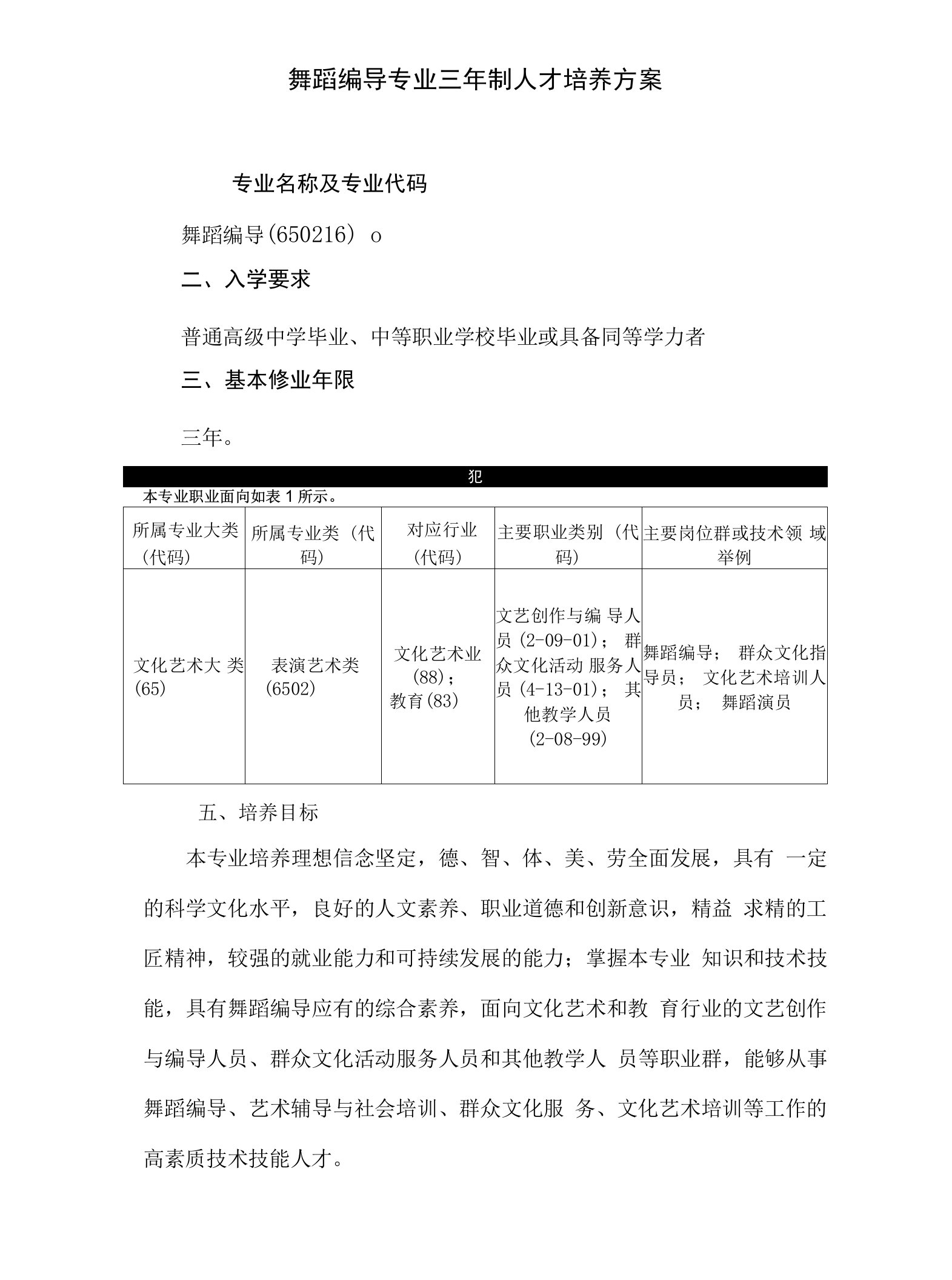 舞蹈编导专业三年制人才培养方案