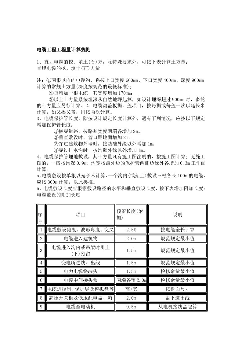 电缆工程工程量计算规则