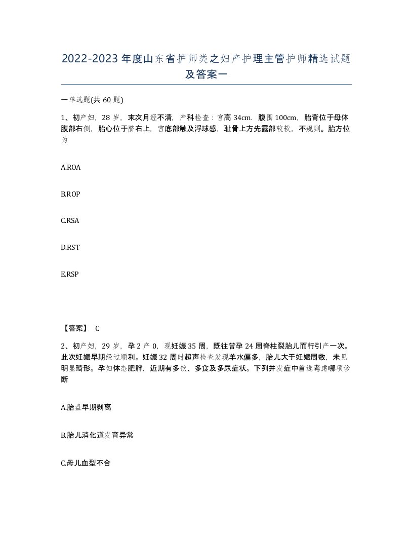 2022-2023年度山东省护师类之妇产护理主管护师试题及答案一