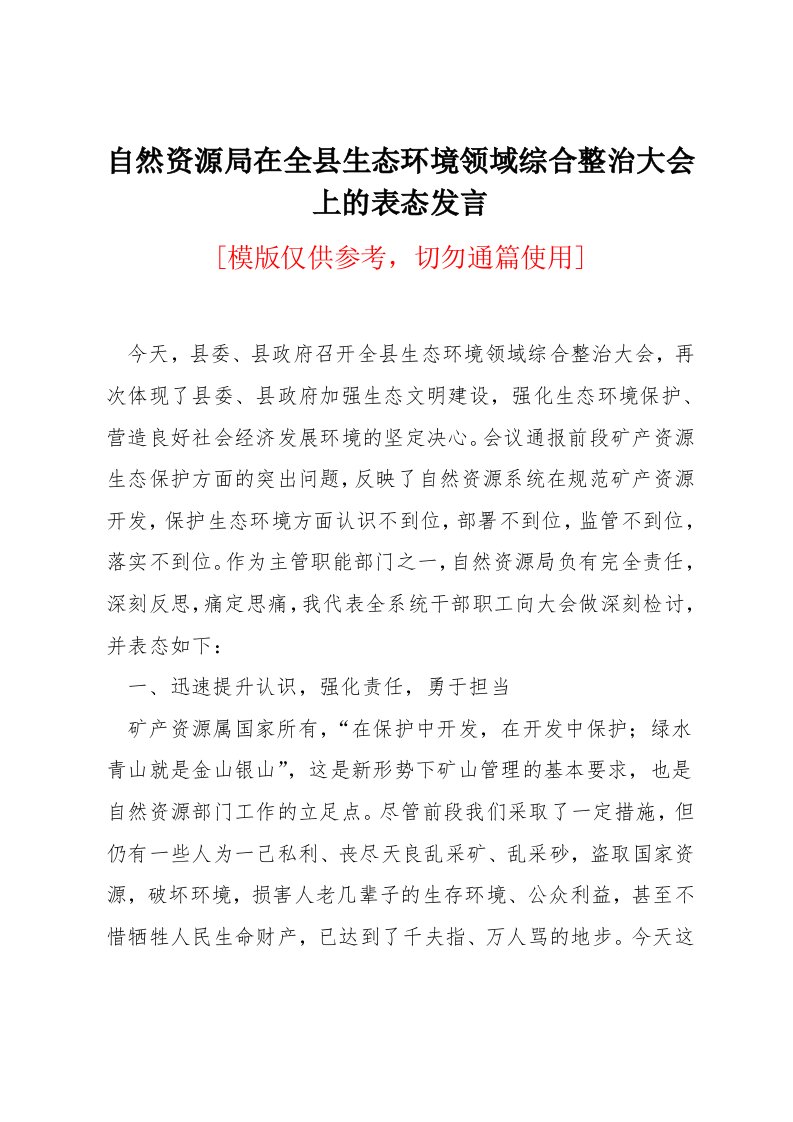 自然资源局在全县生态环境领域综合整治大会上的表态发言