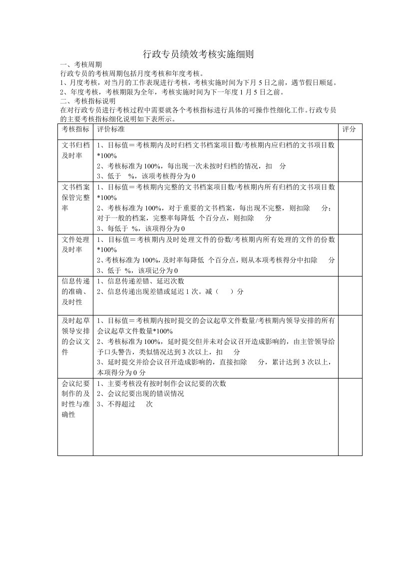 行政专员绩效考核实施细则