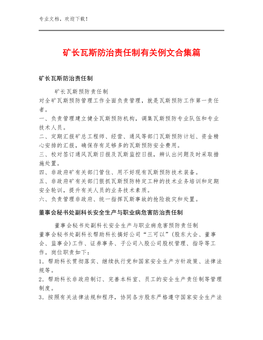 矿长瓦斯防治责任制例文合集篇