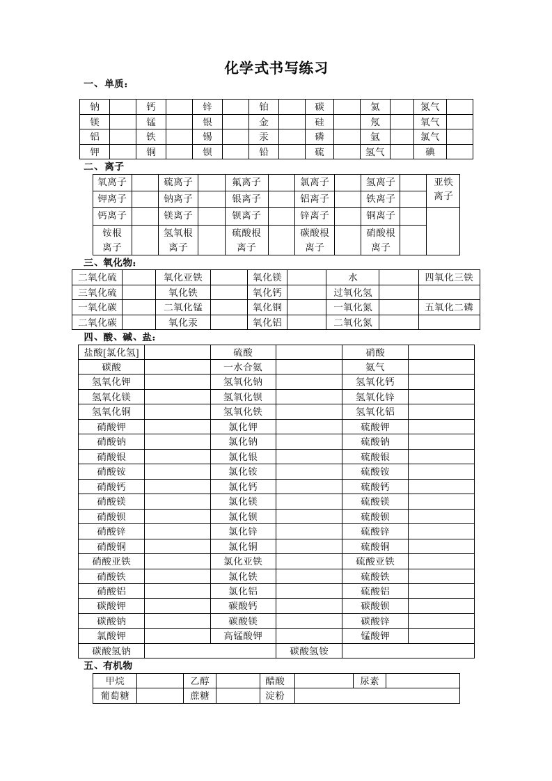 人教版九年级化学全化学式书写练习