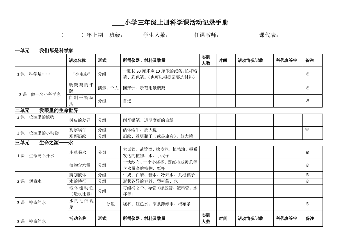 小学三年级上册科学课活动记录表总结