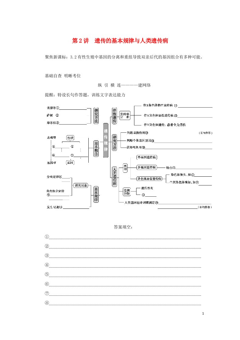 统考版2023高考生物二轮专题复习专题4生命系统的遗传变异育种与进化第2讲遗传的基本规律与人类遗传病教师用书