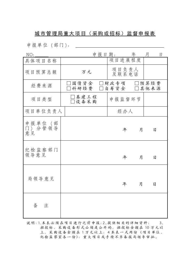 招标投标-城市管理局重大项目采购或招标监督申报表