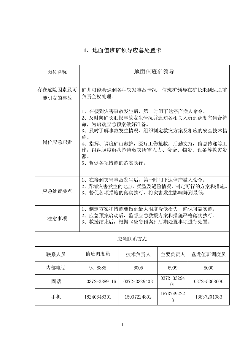 贺驼煤矿重点岗位、人员应急处置卡