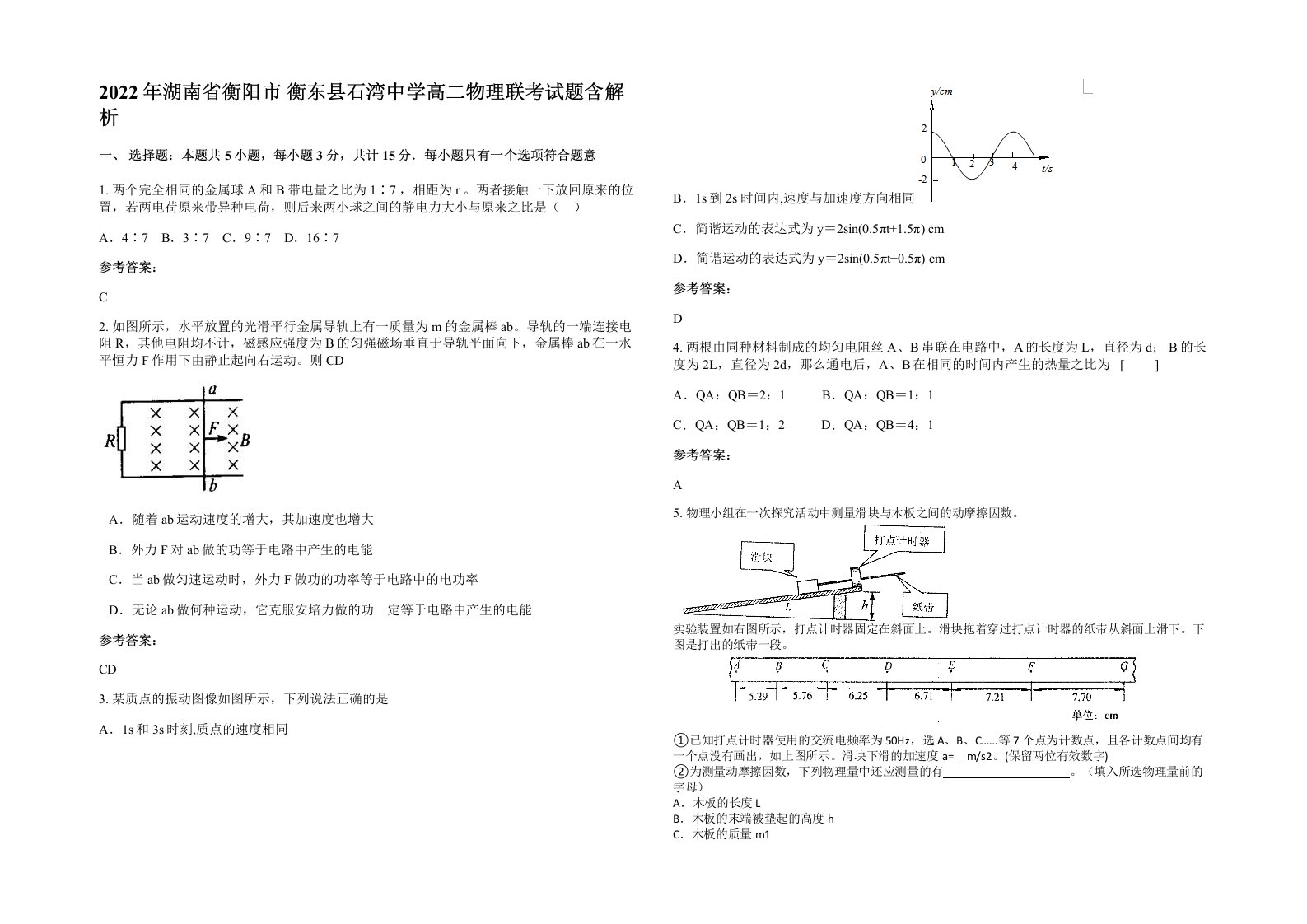 2022年湖南省衡阳市衡东县石湾中学高二物理联考试题含解析