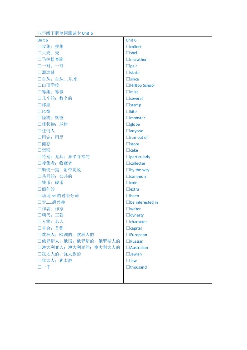 英语八年级下册单词测试卡Unit