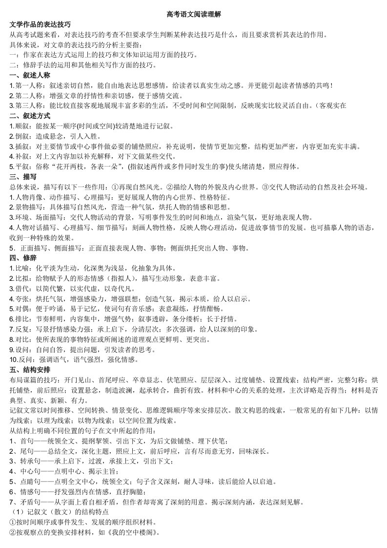 高考语文阅读理解解题技巧已整理归纳超节省纸张