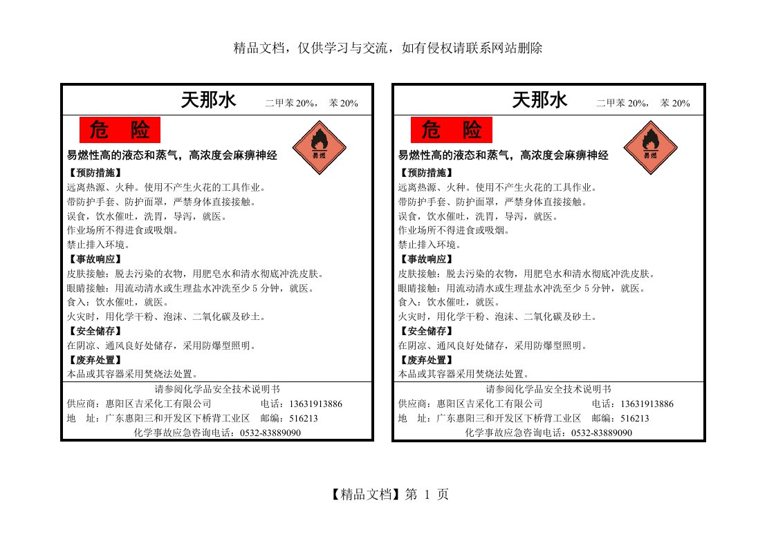 化学品安全标签-天那水