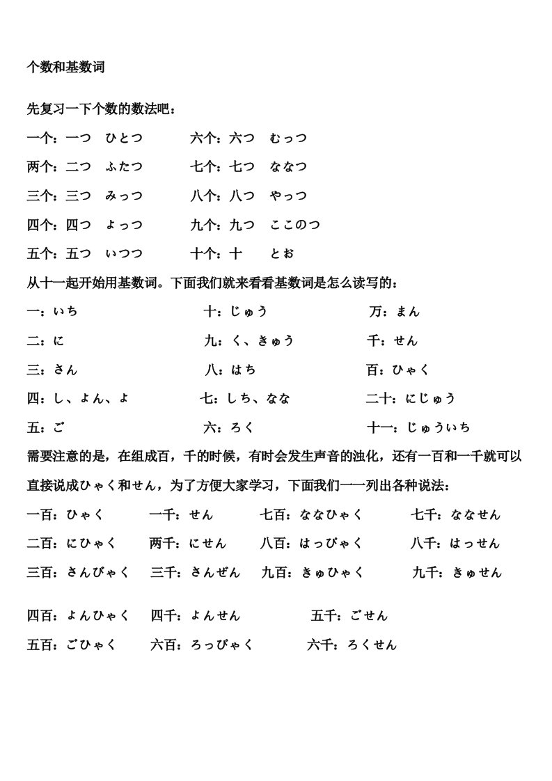 日语个数和基数词