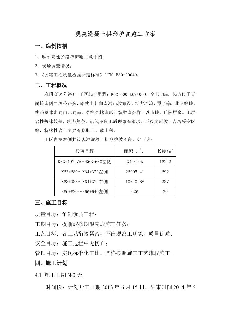 云南某高速公路合同段现浇混凝土拱形护坡施工方案(二级公路)