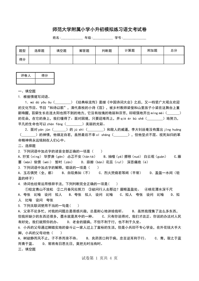 师范大学附属小学小升初模拟练习语文考试卷