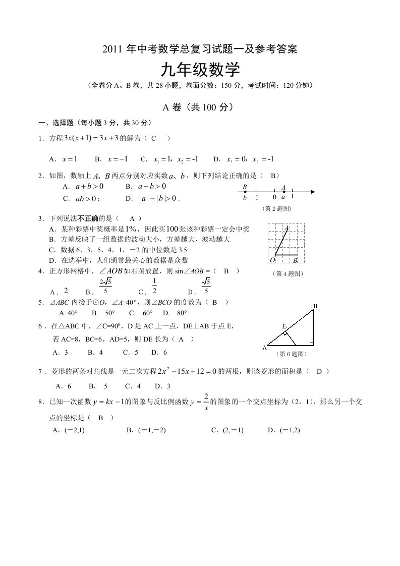 初2011级中考数学总复习试题一及答案