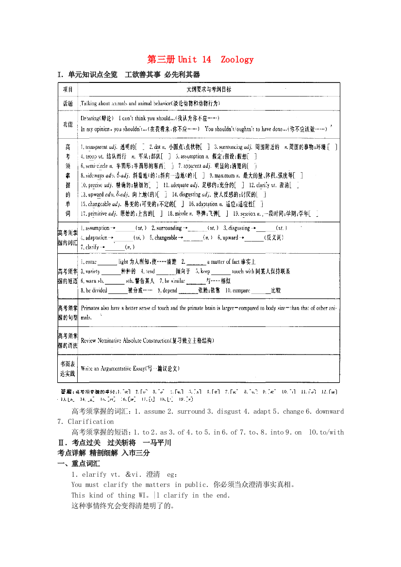 （整理版高中英语）第三册Unit14Zoology