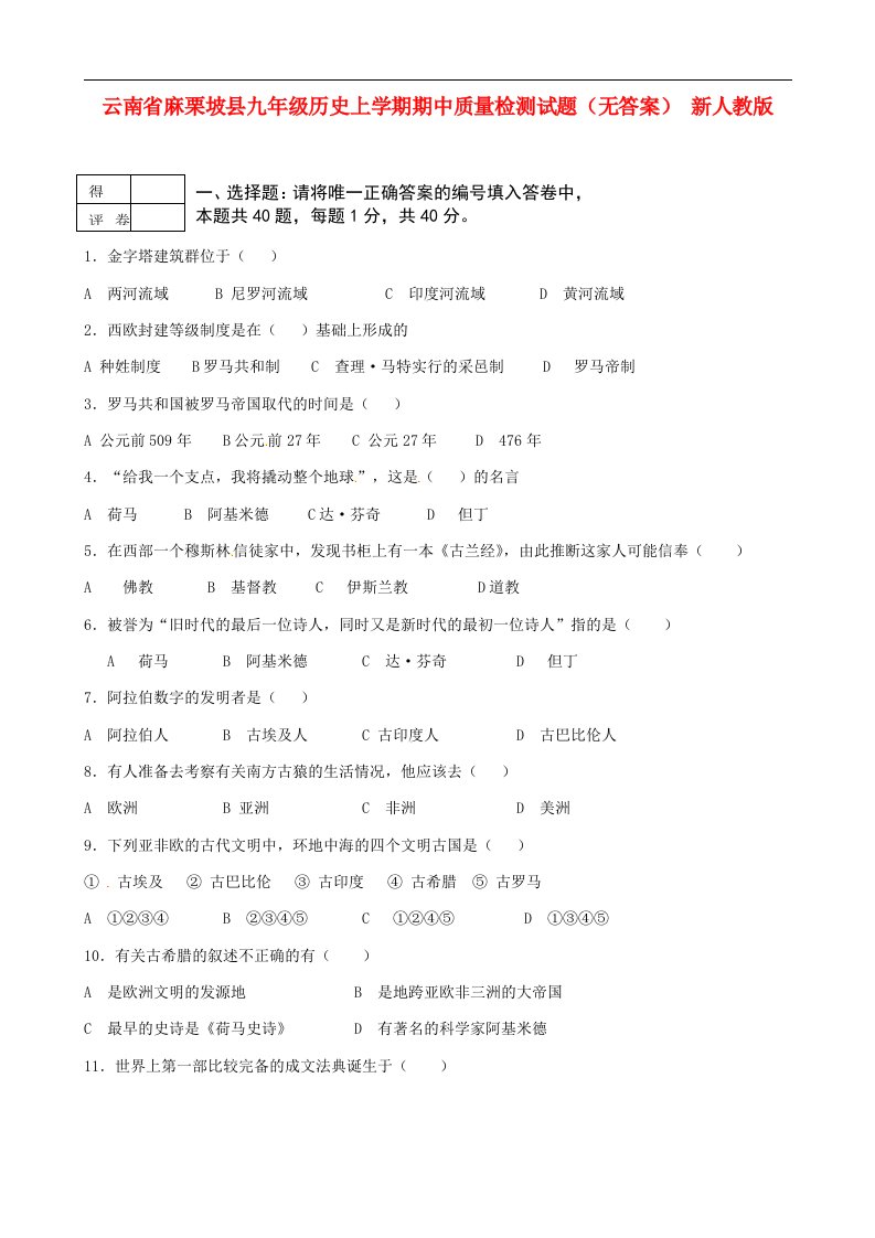 云南省麻栗坡县九级历史上学期期中质量检测试题（无答案）