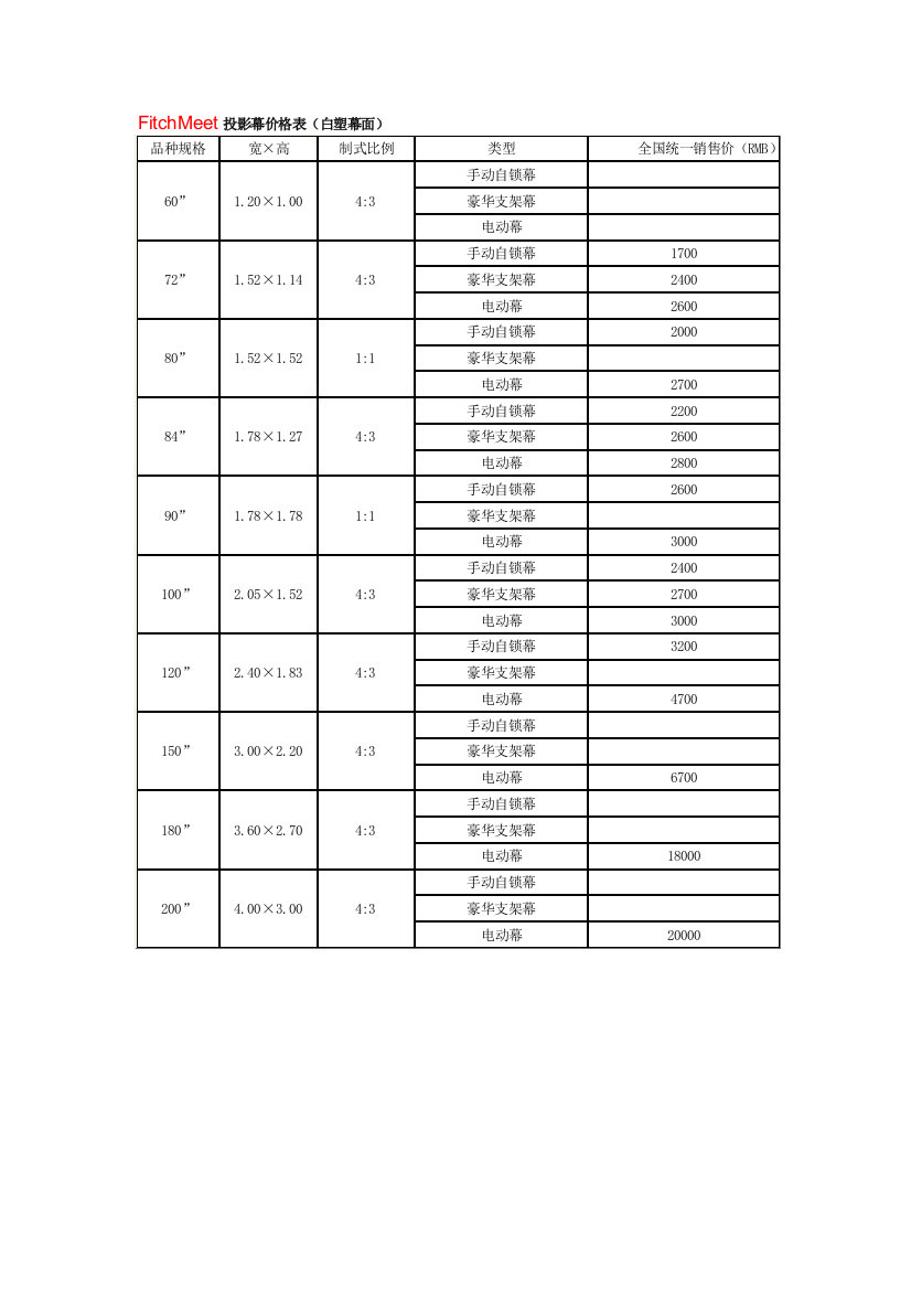 FitchMeet投影幕价格表(白塑幕面)