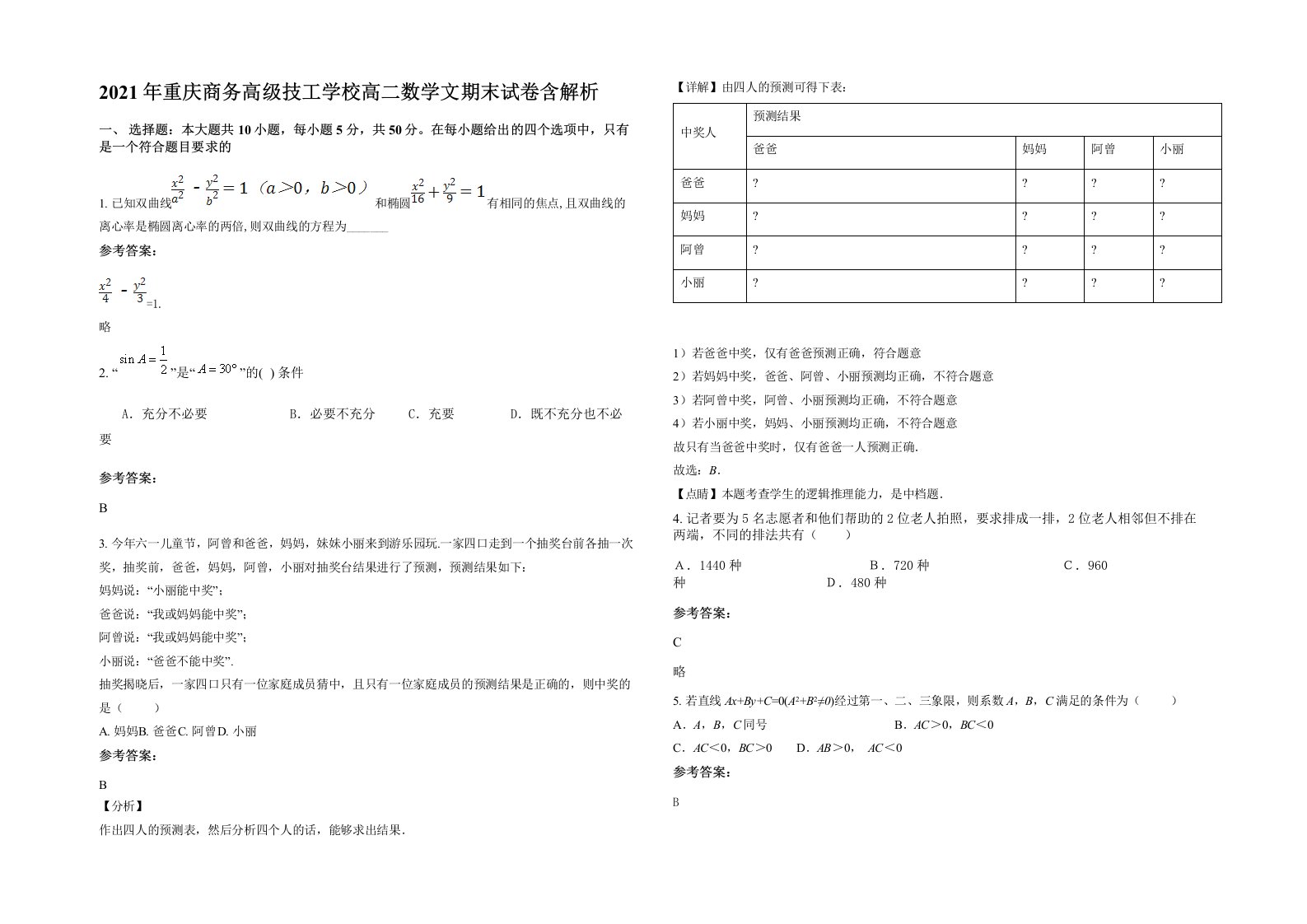 2021年重庆商务高级技工学校高二数学文期末试卷含解析