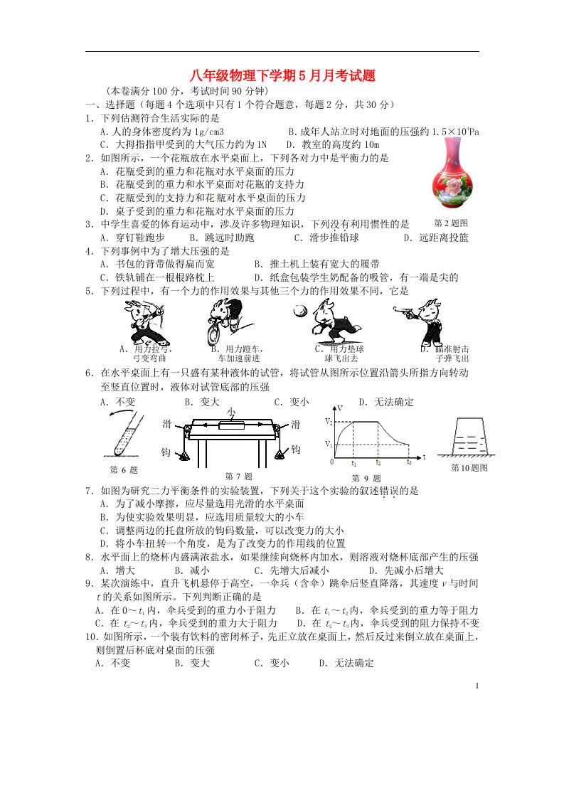 江苏省靖江市实验学校八级物理下学期5月月考试题（无答案）