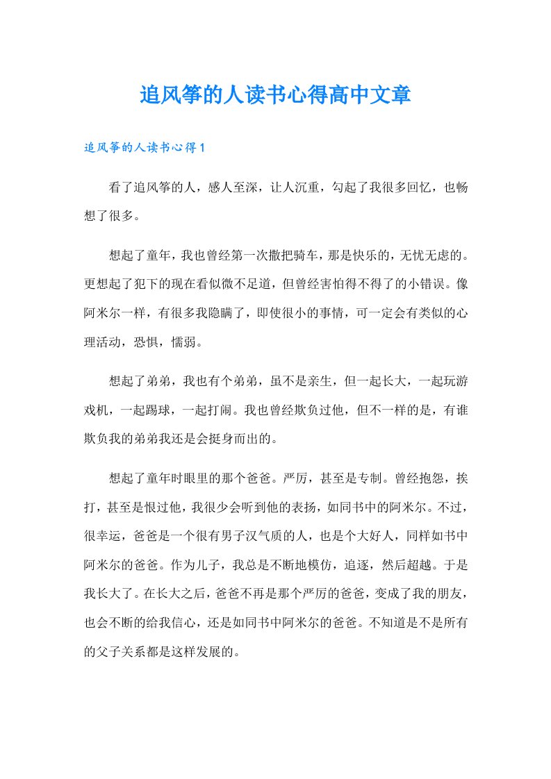 追风筝的人读书心得高中文章