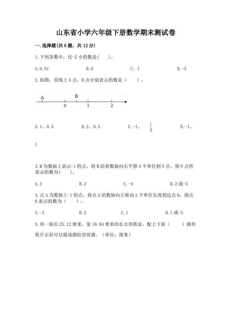 山东省小学六年级下册数学期末测试卷带答案（名师推荐）